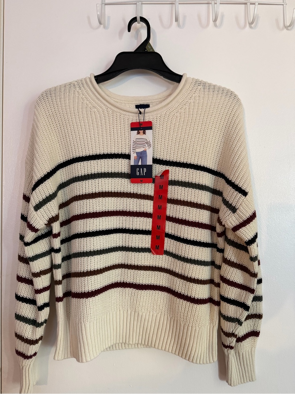 GAP Cream Crewneck Sweater with Black, Brown and Burgundy Stripes
